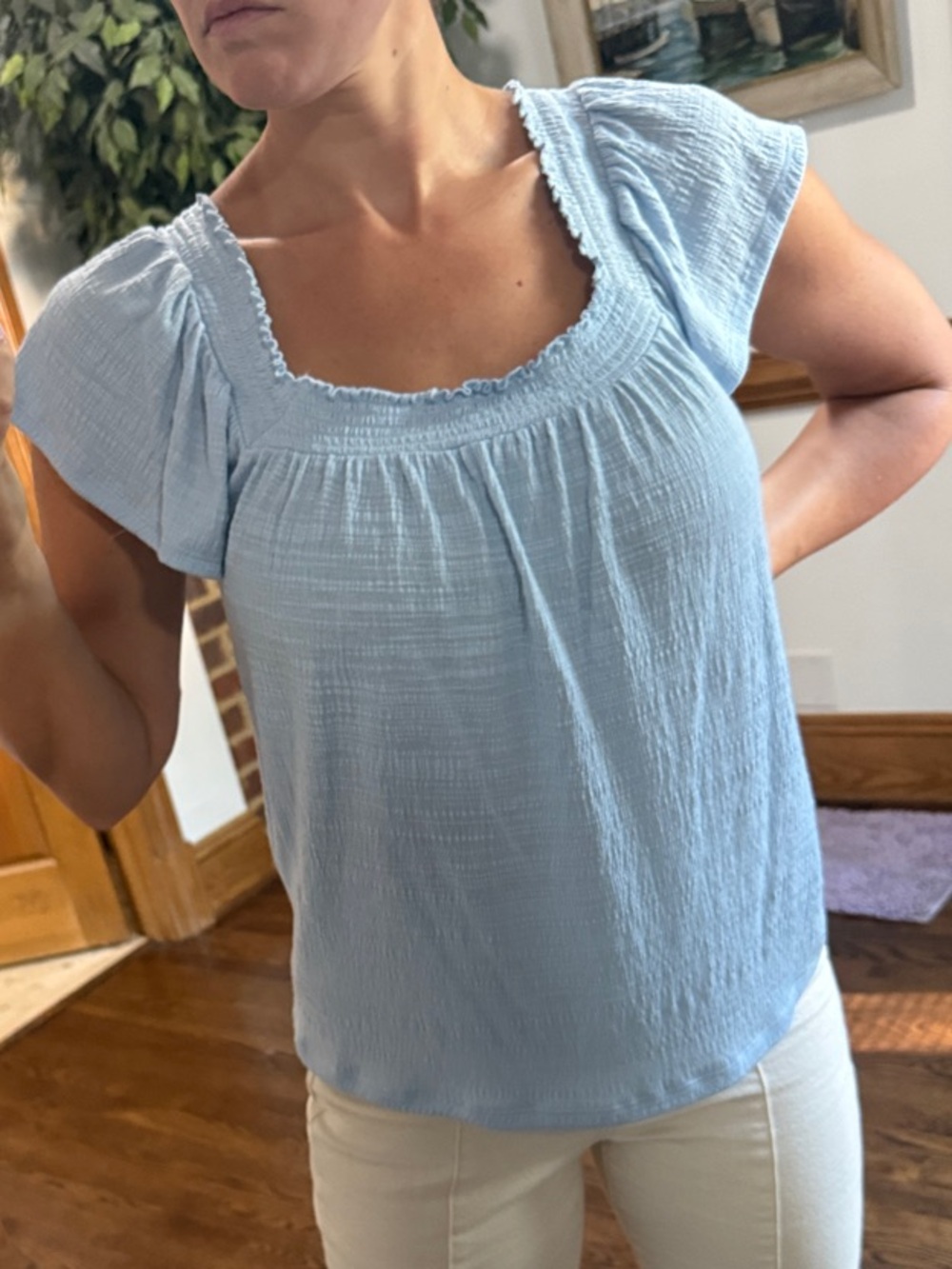 LC Lauren Conrad Pale Blue Smocked Square-Neck Blouse